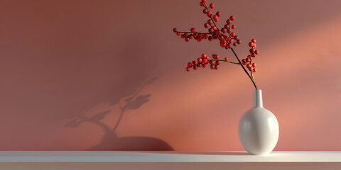 Minimalist White Vase with Delicate Red Buds on Soft Background