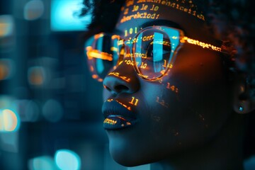 close up of African black woman tech ai computer coder  coding 
