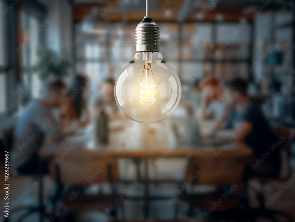 Poster illuminated light bulb close-up with a blurred cafe background, showcasing a concept of ideas and in