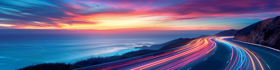 Coastal highway at sunrise with trails of lights