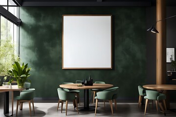 Dining room with green and wood tones, Modern minimalist restaurant or coffeehouse interior, large space cafe mockup for menu template, hotel or eatery area, 3D render
