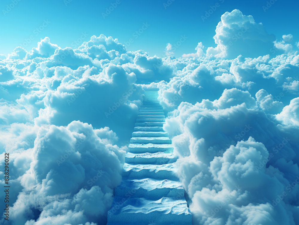 Poster a staircase ascending through fluffy clouds against a blue sky, concept of dreams or achievement. ge