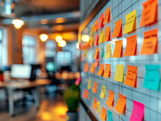 Multicolored sticky notes on a glass wall in a blurred office space, concept of brainstorming and workflow organization. Generative AI