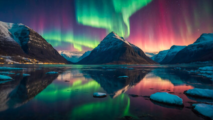 Beautiful landscape with a calm lake surrounded by mountains with the magical northern lights dancing the night sky