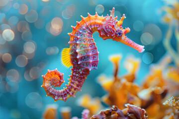 A bright orange and yellow sea horse is swimming in the ocean