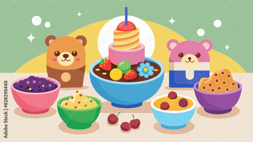 Poster a playful smoothie bowl station with bowls of different sizes and shapes along with toppings such as