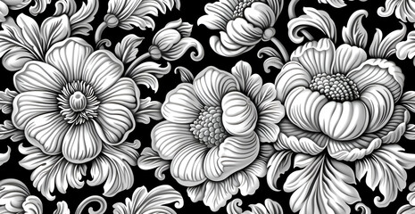 A black and white floral pattern with a white flower in the center. The flowers are arranged in a way that creates a sense of depth and movement. Scene is elegant and sophisticated