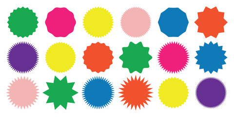 Set of colorful starburst, empty sunburst badges. Design elements with white background.	