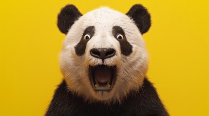 Panda looking surprised, reacting amazed, impressed, standing over yellow background