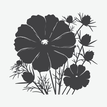 black cosmos flowers silhouette on white clip art preview