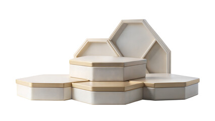 Geometric Ceramic Podium – Hexagonal: A unique hexagonal ceramic podium, providing a geometric aesthetic for product displays, isolated on a white background.
