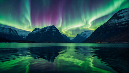 Beautiful landscape with a calm lake surrounded by mountains with the magical northern lights dancing the night sky