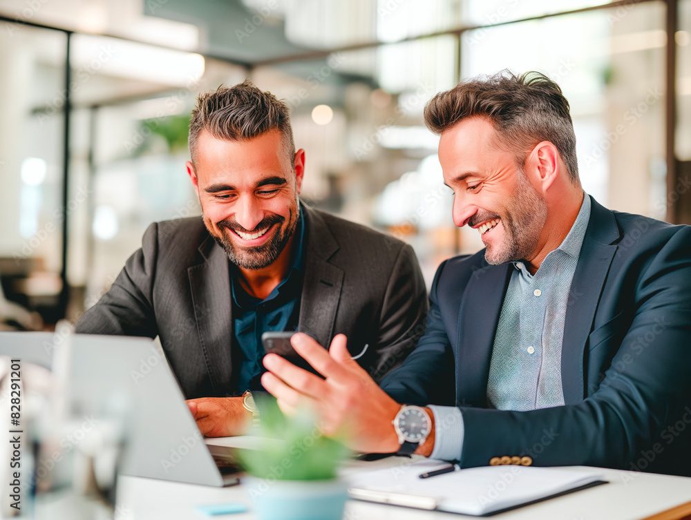 Poster two smiling businessmen using a laptop and smartphone in a bright office, concept of teamwork and co