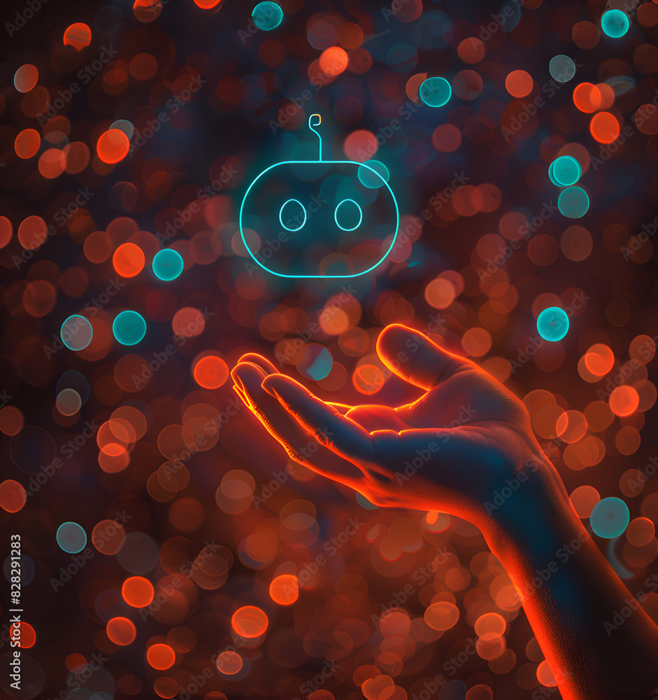 Aufkleber a hand is holding a robot in a blurry, colorful background. the robot is glowing and he is a symbol 