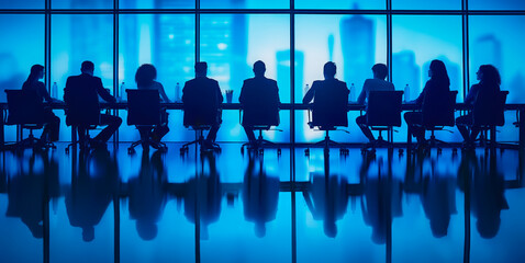 Silhouettes of professionals in a meeting, blue tone, cityscape background, concept of business communication. Generative AI