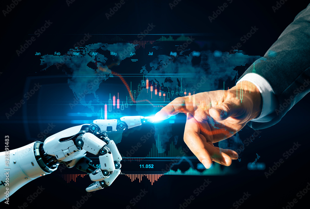 Aufkleber human and robot hands reaching towards each other with digital graphics overlay, symbolizing ai tech