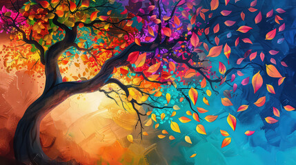 Elegant colorful tree with vibrant leaves hanging branches illustration background. Bright color 3d abstraction wallpaper for interior mural painting wall art decor. Ai	