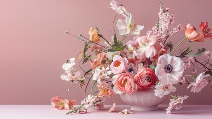 Romantic flower arrangement against a pastel pink background