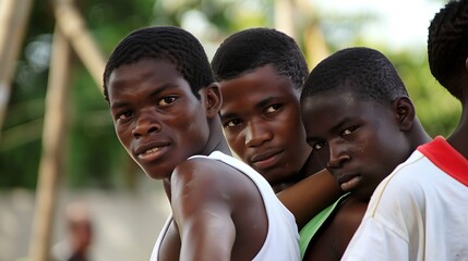 Young men of Haiti. Haitian men.Three young individuals look intently at the camera with a blurred background, capturing a moment of candid youth interaction.  - Powered by Adobe