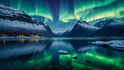 Beautiful landscape with a calm lake surrounded by mountains with the magical northern lights dancing the night sky