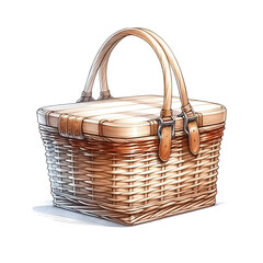 An illustration for summer, rendered in watercolor style, Picnic basket clipart with a handle.