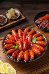 Close-up of spicy crayfish on table, indoor shot