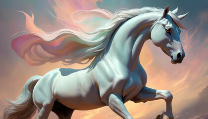 Fantasy Illustration of a wild Horse. Digital art style wallpaper background.