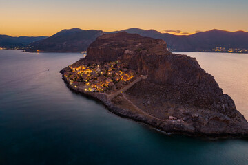 Aerial view of the medieval castle of Monemvasia, Lakonia, Peloponnese, Greece	