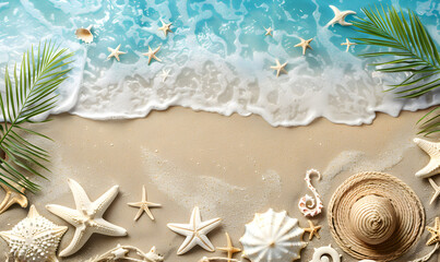 Travel holiday background A starfish and shells on a beautiful background Summer background with beach accessories 3d rendering.
