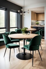 Fototapeta premium Dining room with green and wood tones, Modern minimalist restaurant or coffeehouse interior, large space cafe mockup for menu template, hotel or eatery area, 3D render