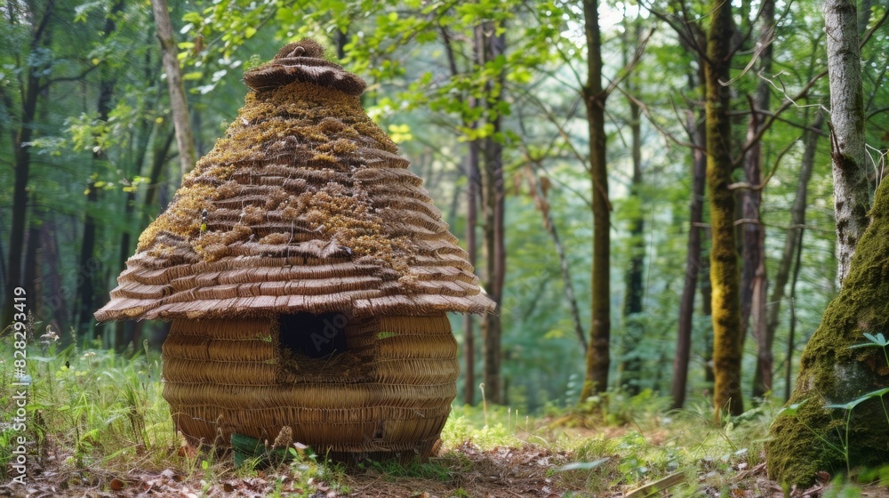 Poster a straw skep hive commonly used in ancient beekeeping ods p in a tranquil forest setting.