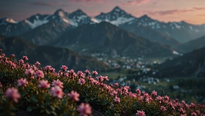Obraz premium A mountain range with pink flowers in the foreground,.
