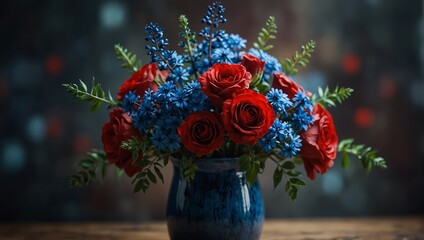 A painting of a flower arrangement with blue and red flowers,.