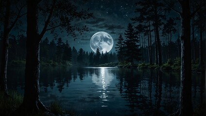 A painting of a full moon over the forest with trees and water,.