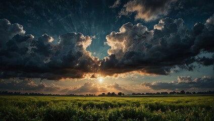 A painting of a field with clouds in the sky,.