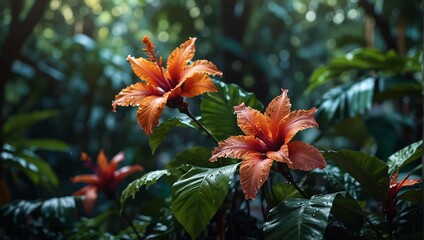 A painting of a tropical scene with flowers and leaves,.