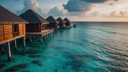 Fototapeta premium Aerial view of Maldives island, luxury water villas resort and wooden pier. Beautiful sky and ocean lagoon beach background. Summer vacation holiday and travel concept.
