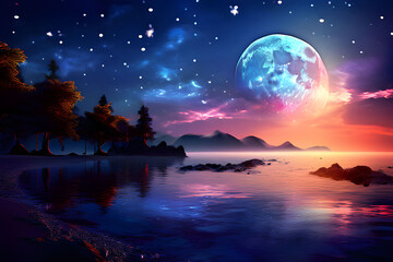 night landscape with moon and stars. Generative AI	