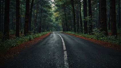 Fototapeta premium An endless closed curvy road in the middle of a forest with trees,.