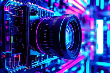 Close-up of a Modern Digital Camera with Neon Background. Generative AI