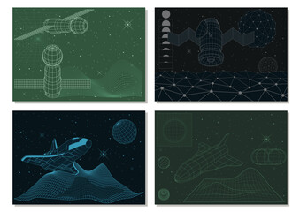 Retro Computer 3D Graphic Style Vector Posters, Illustrations. Spacecrafts, Digital Objects, Mesh, Grid, Planets