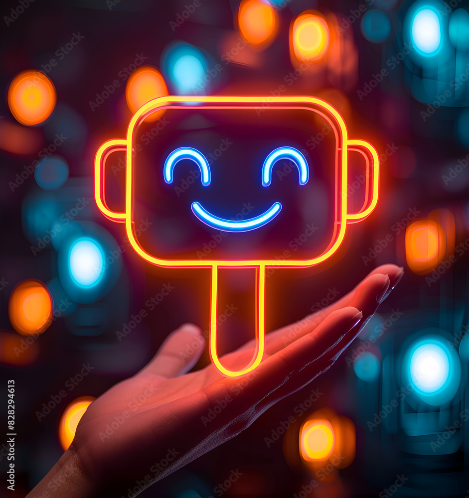 Poster a hand holding a robot with a smile on its face. the robot is glowing in neon colors