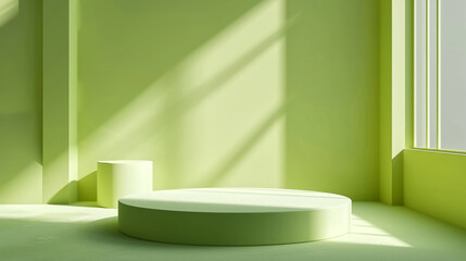 Lime colored empty podium for product presentation against a min