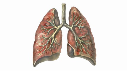 Vintage depiction of the lungs with intricate shading.academy,Full color, aesthetic,isolated on white background, illustration