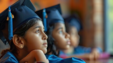 Indian school children wearing graduation caps while studying or preparing for exams at home