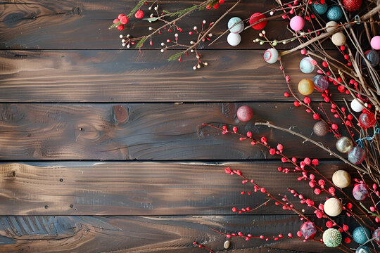 A rustic holiday scene featuring festive branches with red berries and colorful ornaments, set against a weathered wooden background, evoking a cozy and nostalgic Christmas spirit, copy space.