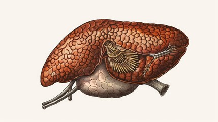 Obraz premium Retro illustration of the liver with delicate cross-hatching.academy,Full color, aesthetic,isolated on white background, illustration