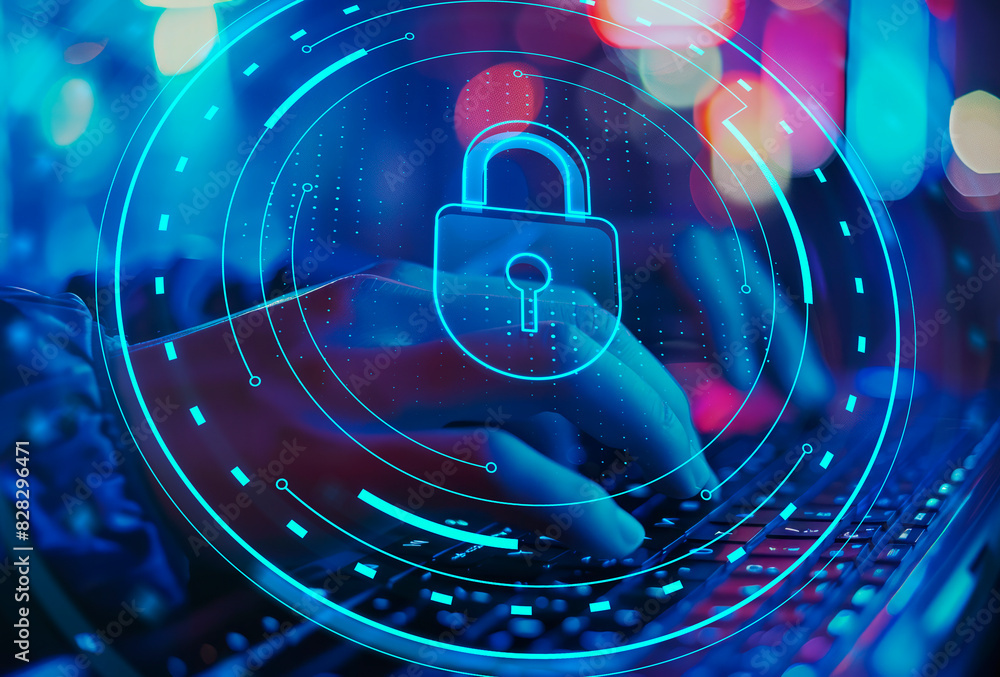 Poster a cybersecurity concept with a padlock graphic overlay on a vibrant, colorful technology background.