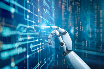 Robot hand managing information system and data. Concept of Artificial intelligence AI technology development and machine learning in the future 