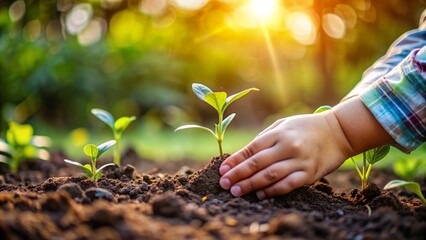 Fototapeta premium A Children Hand Gently the Soil and Sprouting Plants.